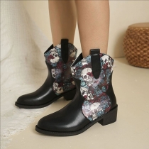 Printed Ankle Boots with Pointed Toe and Block Heel