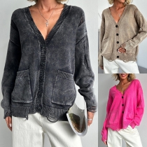 Vintage V-neck Front Button Long Sleeve Frayed Knitted Cardigan