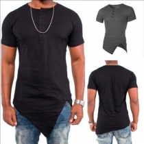 Fashion Solid Color Crew Neck Short Sleeve Irregular Hemline Shirt for Men