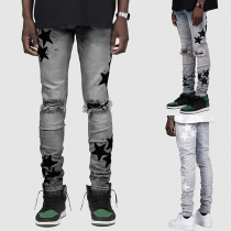 Stretchy Slim Fit Star-Ripped Denim Jeans