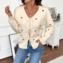 Cute Heart Printed Crew Neck Long Sleeve Front Bowknot Cardigan