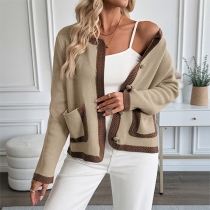 Vintage Contrast Color Patch Pockets Long Sleeve Knitted Cardigan