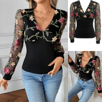 ace Embroidered Blouse with V-Neckline and Semi-Transparent Long Sleeves