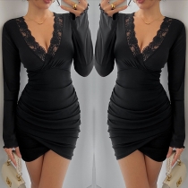 V-Neck Mini Dress with Flared Sleeves and Decorative Mesh Lace Trim