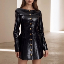 Fitted PU Leather Dress featuring Round Neckline