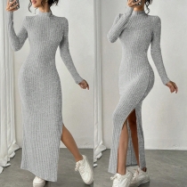 Long Sleeve Maxi Dress with Round Neckline featuring Slit Design