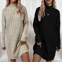 Fashion Mock Neck Long Sleeve Loose Knitted Sweater Dress