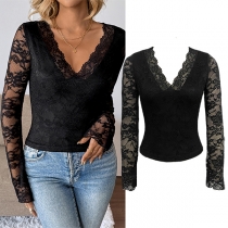 Lace V-Neck Long Sleeve T-Shirt