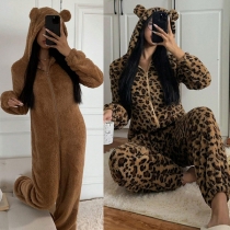 Cute Coral Fleece Home Clothes with Leopard Print Hooded Ears
