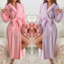 Comfy Warm Lapel Long Sleeve Patch Pockets Self-tie Plush Robe Pajamas