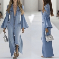 Loose Bell-Sleeve Denim Jumpsuit