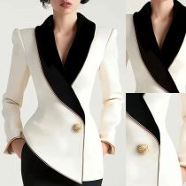 Elegant Contrast Color Lapel Long Sleeve Irregular Hemline Blazer