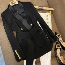 Elegant Lapel Long Sleeve Double-breasted Self-tie Blazer