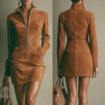 Fashion Half-zipper Stand Collar Long Sleeve Side Pockets Bodycon Dress