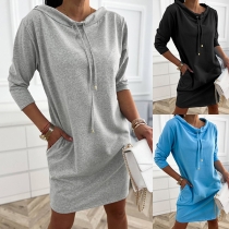 Casual Solid Color Drawstring Crew Neck Elbow-sleeve Side Pockets Sweatshirt Dress
