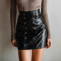 Vintage High-rise Double-breasted Artificial Leather PU Skirt