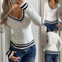 Fashion Contrast Color Stripe V-neck Long Sleeve Cable Knitted Sweater