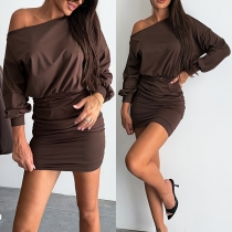 Fashion Slant Shoulder Long Sleeve Bodycon Dress