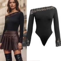 Fashion Lace Spliced Slant Shoulder Long Sleeve Bodysuit