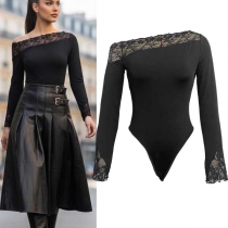 Fashion Lace Spliced Slant Shoulder Long Sleeve Bodysuit