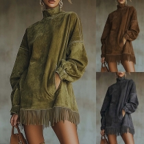 Fashion Mock Neck Long Sleeve Front Pocket Tassle Hemline Artificial Sudue Dress