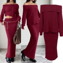 Fashion Knitted Two-piece Set Consist of Off-the-shoulder Sweater and Maxi Skirt