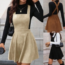 Vintage Solid Color Elastic Waist Corduroy Suspender Dress