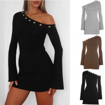 Fashion O-ring Hollowout Slant Shoulder Long Sleeve Bodycon Dress