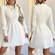 Fashion Crew Neck Long Sleeve High-rise Cable Pattern Knitted Sweater Dress