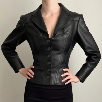 Fashion Notch Lapel Long Sleeve Front Button Artificial Leather PU Crop Jacket