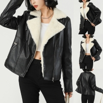 Fashion Notch Lapel Long Sleeve Slant Shoulder Warm Plush Lined Artificial Leather PU Jacket