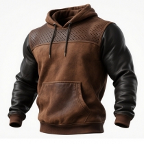 Vintage Hollow Out Artificial Leather PU Spliced Long Sleeve Kangaroo Pockets Drawstring Hooded Sweatshirt for Men