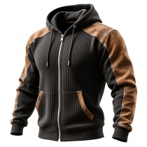 Fashion Contrast Color Long Sleeve Front Zipper Drawstring Hooded Texture Sweat-Jacket for Men