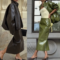 Stylish Artificial Leather PU Two-piece Set Consist of Stand Collar Jacket and Maxi Skirt