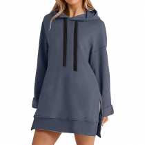 Casual Solid Color Drawstring Hooded Long Sleeve Side Slit Sweatshirt