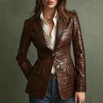Fashion Notch Lapel Long Sleeve Button Closure Artificial Leather PU Jacket