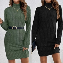 Fashion Turtleneck Long Sleeve Cable Knitted Sweater Dress