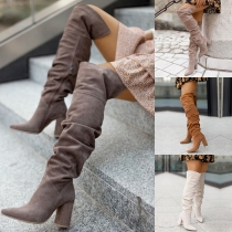 Fashion Draped Pointed-toe Block Heeled Back Slit Artificial Sudue Over-the-knee Boots