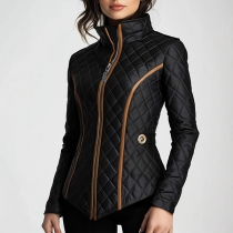 Fashion Stand Collar Long Sleeve Front Zipper Quilted Jacket