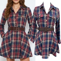 Fashion Plaid Stand Collar Front Button Long Sleeve Side Pockets Mini Dress
