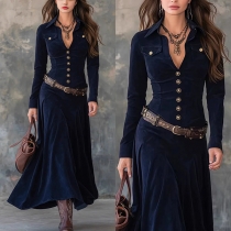 Fashion V-neck Front Button Long Sleeve Mid Dress with Belt