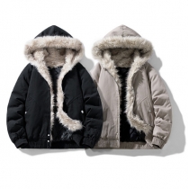 Fashion Plushed Lined Long Sleeve Hooded Jacket for Men