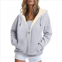Fashion Plush Lined Drawstring Hooded Long Sleeve Sweatjacket