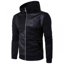Fashion Hooded Long Sleeve Front Zipper Artificial Leather PU Spliced Sweatshirt for Men
