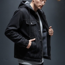 Fashion Hooded Long Sleeve Warm Plush Lined Old-washed Denim Jacket for Men