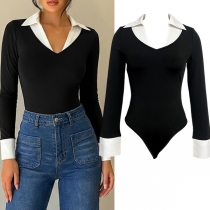Fashion Contrast Color Stand Collar V-neck Long Sleeve Bodysuit