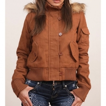 Vintage Detachable Artificial Fur Hooded Long Sleeve Jacket