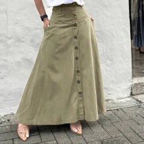 Fashion High-rise Side Pockets Front Button A-line Maxi Skirt