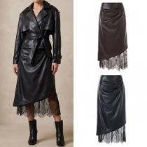 Fashion High-rise Ruched Lace Spliced Hemline Artificial Leather PU Skirt