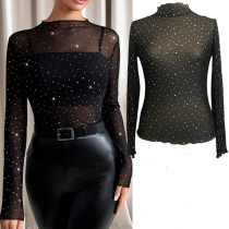 Fashion Rhinestone Mock Neck Long Sleeve Semi-through Shirt